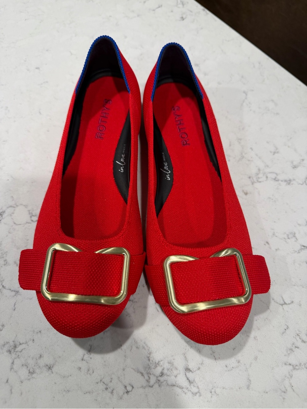Rothy's Red Knit Flats with Gold Buckle Accent